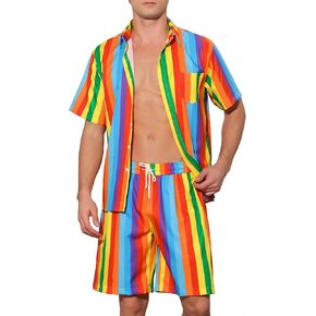 Lars Amadeus Stripe Hawaiian Sets for Men's 2 Pieces Short Sleeves Button Beach Shirt Shorts