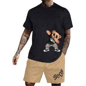 GORGLITTER Men's Short Sets 2 Piece Crewneck Cartoon Bear Graphic Tees & Shorts Casual Tracksuit Set