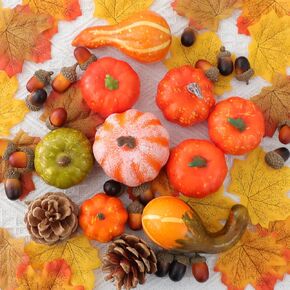 60 PCS Fall Pumpkins Decor Set Thanksgiving Artificial Pumpkins Set with Acorns Pinecones Maple Leaves for Thanksgiving Fall Harvest Table Centerpiece Wreaths