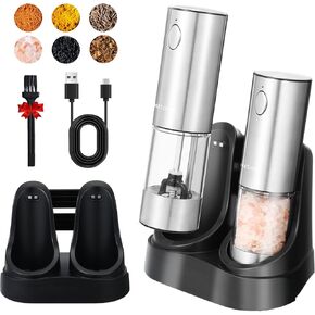 Electric Salt and Pepper Grinder Set with Charging Base, Stainless Steel Rechargeable Pepper Mills with 95ml Large Capacity, White LED Light and Adjustable Coarseness Grinder Ideal for Home, Kitchen