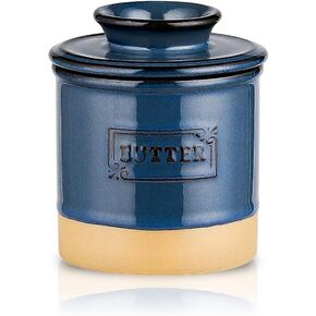 HVH Ceramic Butter Crock, French Butter Dish with Lid for Countertop, Butter Keeper for Counter, Butter Crock with Water, Butter Holder for Soft Butter, Farmhouse Style(Blue)