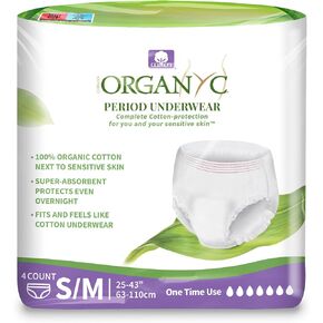 Organyc Certified Organic Cotton Disposable Period Underwear for Sensitive Skin 12 Hours Complete Protection Size L/XL 4 Count