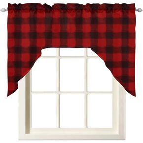 Red Black Plaid Swag Kitchen Curtain Sets with Valance,3 Pieces Rod Pocket Curtain Drapes for Bedroom Living Room Bathroom Cafe,Christmas Farmhouse Rustic Checkered 56''x36''&24''x27.5''x2Panels
