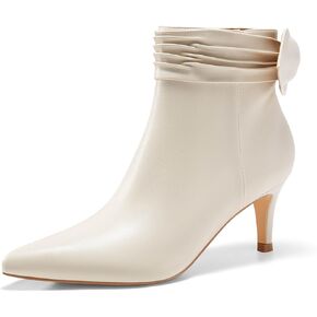 Coutgo Womens Pointed Toe Ankle Booties Bow Low Kitten Heel Boots Pleated Side Zipper Winter Boot Shoes