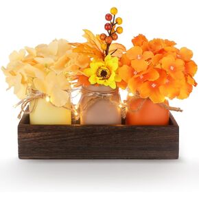 Hushee 7 قطع من جرة ماسون الخريفية لطاولة عيد الشكر الخشبية مع 3 برطمانات ميسون من أوراق القيقب وفرع زهرة مزرعة ريفية لتزيين طاولة خشبية مركزية لغرفة الطعام وغرفة المعيشة، بني in Kuwait