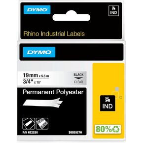 شريط ملصق نقل حراري من نسيج البوليستر اللاصق الدائم DYMO RhinoPRO، 1/2 بوصة (12 مم)، نوع أسود على شفاف، (622289)
