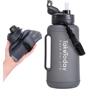68 oz Collapsible Water Bottles with Straw, Half Gallon Water Bottle with Motivational Time Marker, Large Reusable Silicone Water Jug with Paracord Handle for Sports, Outdoors (Black)
