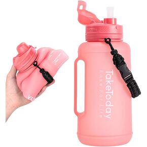 68 oz Collapsible Water Bottles with Straw, Half Gallon Water Bottle with Motivational Time Marker, Large Reusable Silicone Water Jug with Paracord Handle for Sports, Outdoors (Black) in Kuwait