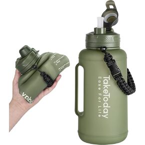 68 oz Collapsible Water Bottles with Straw, Half Gallon Water Bottle with Motivational Time Marker, Large Reusable Silicone Water Jug with Paracord Handle for Sports, Outdoors (Black)