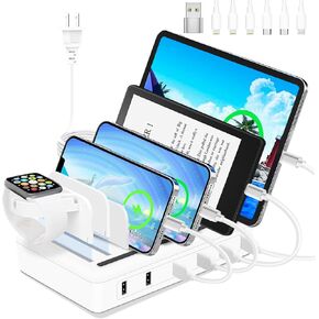 Charging Station for Multiple Devices, 50W 6-Ports USB Charging Station with10-Slot, Detachable Dividers, Watch Holder, Compatible with Phone/iPad/Kindle/Tablet (6 Cables Included), Black