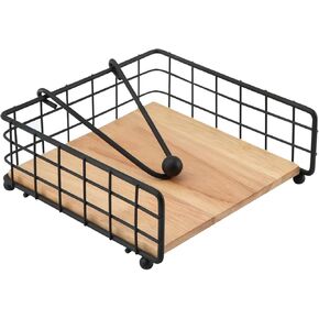 Flat Napkin Holder, Metal Kitchen Napkin Holder with Weighted Arm, Rustic Square Napkin Holder for Paper Napkins, Table Napkin Holder for Home, Restaurant, Cafes (Dark Wood Color)