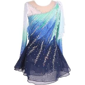 LIUHUO Girl's Dance Dress Gradient Blue Gems Competition Performance Wear Ice Skating Dress