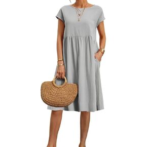 Dresses for Women 2024 Summer Cotton Linen Solid Gauze Dress Loose Casual Beach Vacation Flowy Midi Dress with Pockets
