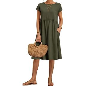 Dresses for Women 2024 Summer Cotton Linen Solid Gauze Dress Loose Casual Beach Vacation Flowy Midi Dress with Pockets in Saudi Arabia