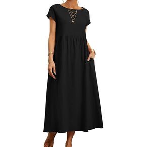 Dresses for Women 2024 Summer Cotton Linen Solid Gauze Dress Loose Casual Beach Vacation Flowy Midi Dress with Pockets