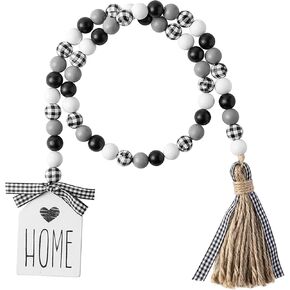 Farmhouse Wood Beads Garland 33.5 inch Plaid Rustic Ornament Garland Decorations with Tassel Home Printed Sign, Black & White Natural Wood Beads Set for Christmas Tiered Tray Decor Wall Hanging