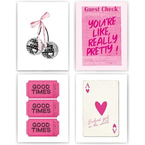 okaxscm Hot Pink Trendy Preppy Wall Art Prints Set of 4, Coquette Preppy Room Decor Aesthetic, Pink Room Wall Decor, Pink Cherry Disco Ball Wall Decor Posters for Girls Bedroom Dorm, 8x10 Unframed