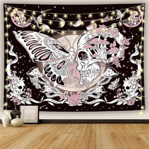 Ftuency Butterfly Skull Hippie Tapestry Pink Skeleton Pink Moon phase Mushroom Tapestries Wall Hanging decor for Bedroom (Art Deco, 30" x 40", Pink Skull Butterfly)