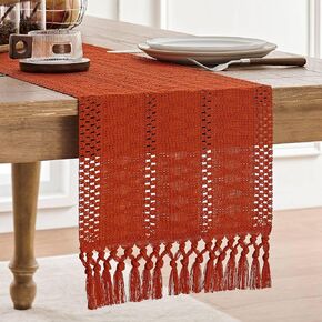 ZeeMart Macrame Style Boho Table Runner, Burnt Ochre Fall Table Runners 90 Inches Long, Farmhouse Woven Home Decor, 12x90 Inch, Dark Orange