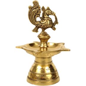 Brass Diya for Puja | Pooja Aarti Deepak Deepam Oil Lamp for Home Temple Puja Articles Decor Gifts (15cm*9cm) Weight: 580gms- Annam Five face Diya