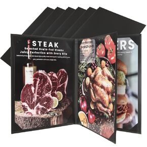 Menu Holder 8.5" x 11" PU Leather Menu Covers 6 Pack Menu Holders Black Menu Cover with 4 Inside Pockets Elegant Restaurant Menu Covers for Hotel, Coffee, Bar (6 Pack, 4 Views)