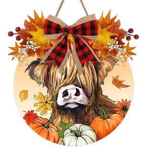 Deroro Fall Highland Cow Front Door Sign, Autumn Farm Animal Pumpkin Wood Door Hanger Outdoor Outside Porch Decor, Farmhouse Wooden Wreath with Plaid Bow Maple Leaves Indoor Wall Hanging Decoration