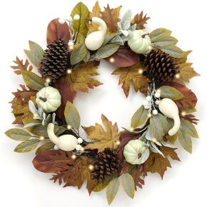 DecorbyHannah Collapsible Fall Wreaths for Front Door, 22 inch Pre-Lit Autumn Wreath with Green Pumkin and Pinecone for Harvest Thanksgiving Home Wall Window Indoor Outdoor Decor