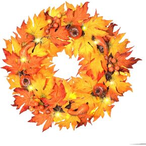 ALLADINBOX 17" Thanksgiving Wreath with LED Lights Pumpkin Berries Maple Leaves, Harvest Day Themed Hanging Silk Fall Door Wreath Welcome Sign for Garden Gate Home Thanksgiving Decorations