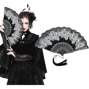 Halloween Black Folding Fan Retro Flower Spanish Hand Fan 1920s Decoration for Halloween Cosplay Costume Party Spanish Black Hand Fan Dance Tea Party Decorations for Women