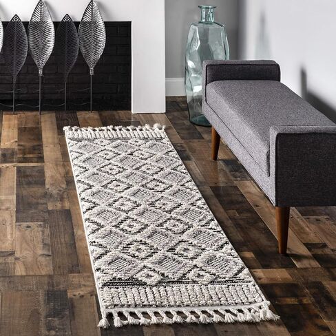 nuLOOM Journey Shaggy Checkered Tiles Tassel Runner Rug, 2' 8" x 8', Grey in Saudi Arabia