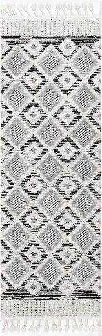 nuLOOM Journey Shaggy Checkered Tiles Tassel Runner Rug, 2' 8" x 8', Grey in Saudi Arabia
