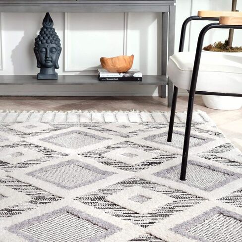 nuLOOM Journey Shaggy Checkered Tiles Tassel Runner Rug, 2' 8" x 8', Grey in Saudi Arabia