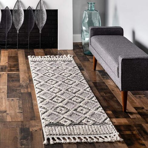 nuLOOM Journey Shaggy Checkered Tiles Tassel Runner Rug, 2' 8" x 8', Grey in Saudi Arabia