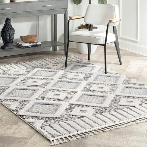 nuLOOM Journey Shaggy Checkered Tiles Tassel Runner Rug, 2' 8" x 8', Grey in Saudi Arabia