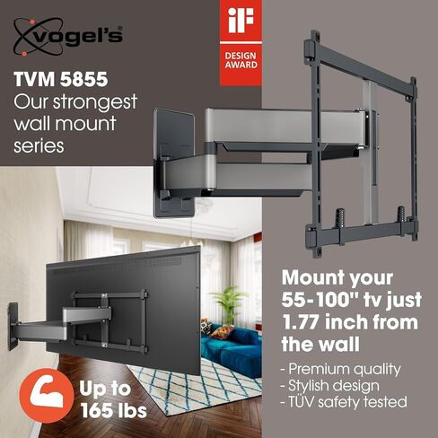 Vogel's Elite 5855 PRO Ultra Strong Full-Motion TV Wall Mount incl. Stud Adapter + Adapter kit, for TVs up to 100 inches and 75 kg, Swivels up to 180°, Max. VESA 600x400 in Kuwait