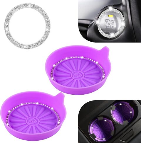 2PCS Car Cup Coasters, 1PCS Car Bling Crystal Engine Start Ring, Car Coasters for Cup Holders, Car Cup Holder Coaster, Push Start Button Cover, Pushbutton Switches, Car Accessories for Women, NEYEUCI in Saudi Arabia