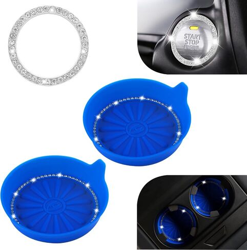2PCS Car Cup Coasters, 1PCS Car Bling Crystal Engine Start Ring, Car Coasters for Cup Holders, Car Cup Holder Coaster, Push Start Button Cover, Pushbutton Switches, Car Accessories for Women, NEYEUCI in Saudi Arabia