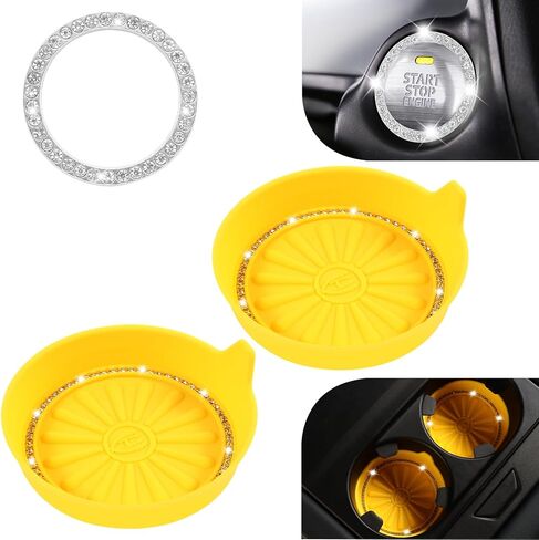 2PCS Car Cup Coasters, 1PCS Car Bling Crystal Engine Start Ring, Car Coasters for Cup Holders, Car Cup Holder Coaster, Push Start Button Cover, Pushbutton Switches, Car Accessories for Women, NEYEUCI in Saudi Arabia