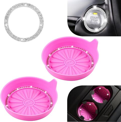2PCS Car Cup Coasters, 1PCS Car Bling Crystal Engine Start Ring, Car Coasters for Cup Holders, Car Cup Holder Coaster, Push Start Button Cover, Pushbutton Switches, Car Accessories for Women, NEYEUCI in Saudi Arabia