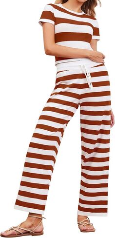 Womens 2 Piece Outfits Striped Sweaters Set Short Sleeve Croped Tops Wide Leg Pants Sets Lounge Set Matching Clothing in Saudi Arabia