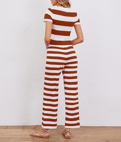 Womens 2 Piece Outfits Striped Sweaters Set Short Sleeve Croped Tops Wide Leg Pants Sets Lounge Set Matching Clothing in Saudi Arabia