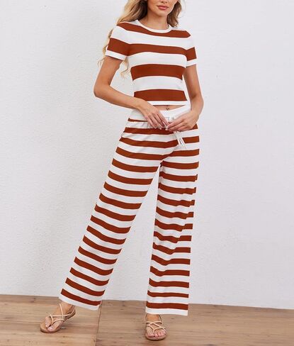 Womens 2 Piece Outfits Striped Sweaters Set Short Sleeve Croped Tops Wide Leg Pants Sets Lounge Set Matching Clothing in Saudi Arabia