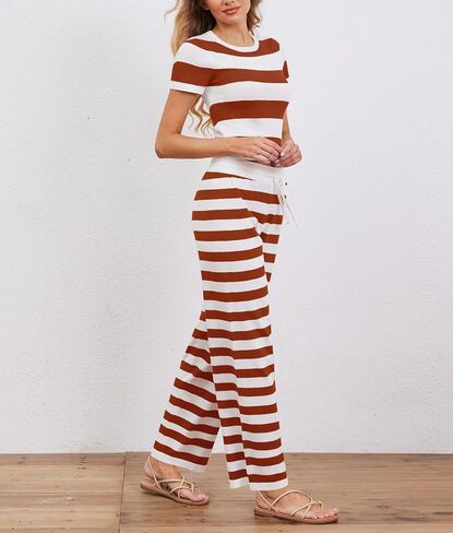 Womens 2 Piece Outfits Striped Sweaters Set Short Sleeve Croped Tops Wide Leg Pants Sets Lounge Set Matching Clothing in Saudi Arabia