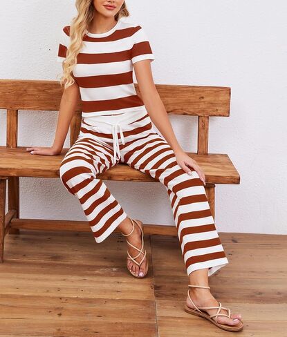 Womens 2 Piece Outfits Striped Sweaters Set Short Sleeve Croped Tops Wide Leg Pants Sets Lounge Set Matching Clothing in Saudi Arabia