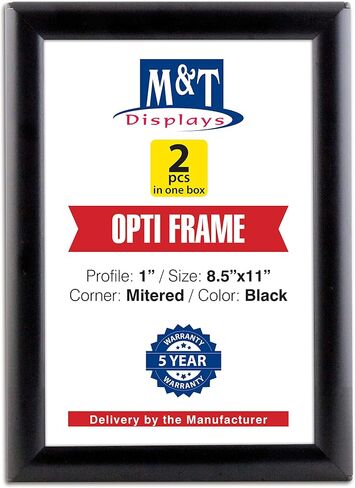 M&T Displays Opti Snap Poster Frame 8.5x11 Inch Black 1" Aluminum Profile Front Loading Wall Mounting Photo Picture Document Certificate Sign Holder Mitered Corner Anti Glare Cover (2 pack) in Kuwait