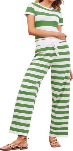 Womens 2 Piece Outfits Striped Sweaters Set Short Sleeve Croped Tops Wide Leg Pants Sets Lounge Set Matching Clothing in Saudi Arabia