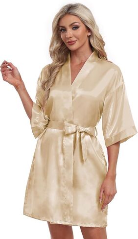 Women's Satin Robe Short Kimono Bathrobes Bride Bridesmaid Wedding Party Robes Sleepwear with Pockets in Kuwait