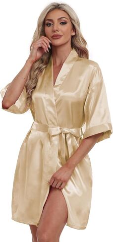 Women's Satin Robe Short Kimono Bathrobes Bride Bridesmaid Wedding Party Robes Sleepwear with Pockets in Kuwait