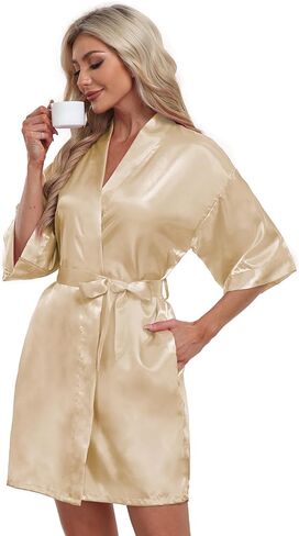 Women's Satin Robe Short Kimono Bathrobes Bride Bridesmaid Wedding Party Robes Sleepwear with Pockets in Kuwait