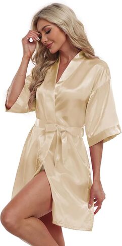 Women's Satin Robe Short Kimono Bathrobes Bride Bridesmaid Wedding Party Robes Sleepwear with Pockets in Kuwait